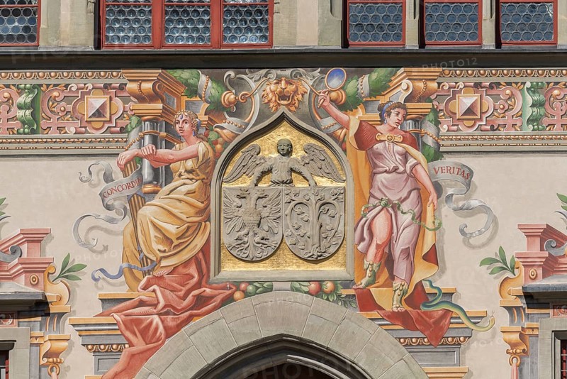 Lindau on Lake Constance, Town Hall, Renaissance style, Wall painting, Inscription Concordia, Concord, Veritas, Truth, Relief, Frieze, Bavaria, Germany, Europe