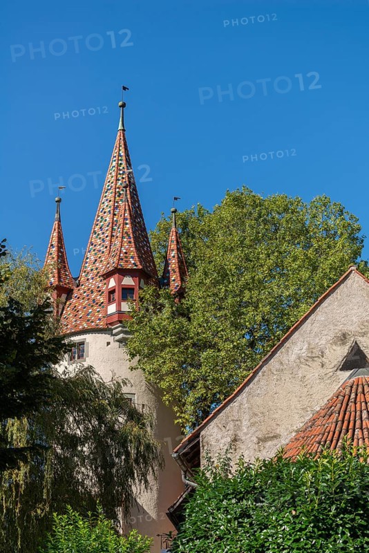 Lindau on Lake Constance, colourful thieves' tower, Romanesque St. Peter's Church, apse, exterior view, tree, Bavaria, Germany, Europe
