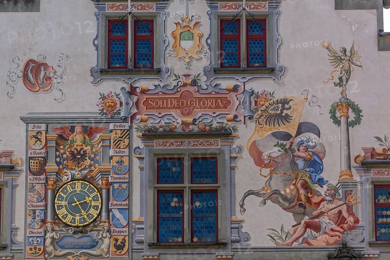 Lindau on Lake Constance, Old Town Hall, wall painting, clock, horseman, inscription, family coat of arms, Bavaria, Germany, Europe