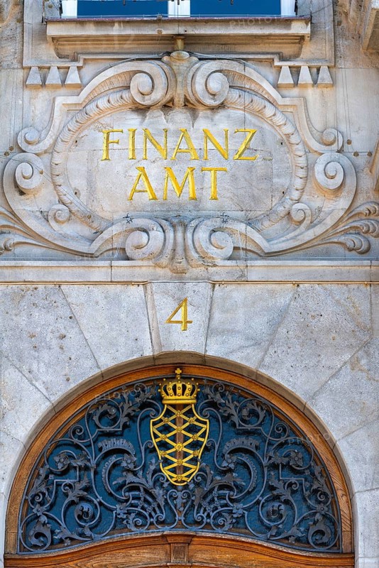 Lindau am Lake Constance, tax office, inscription, entrance, ornamentation, symbol, Bavaria, Germany, Europe