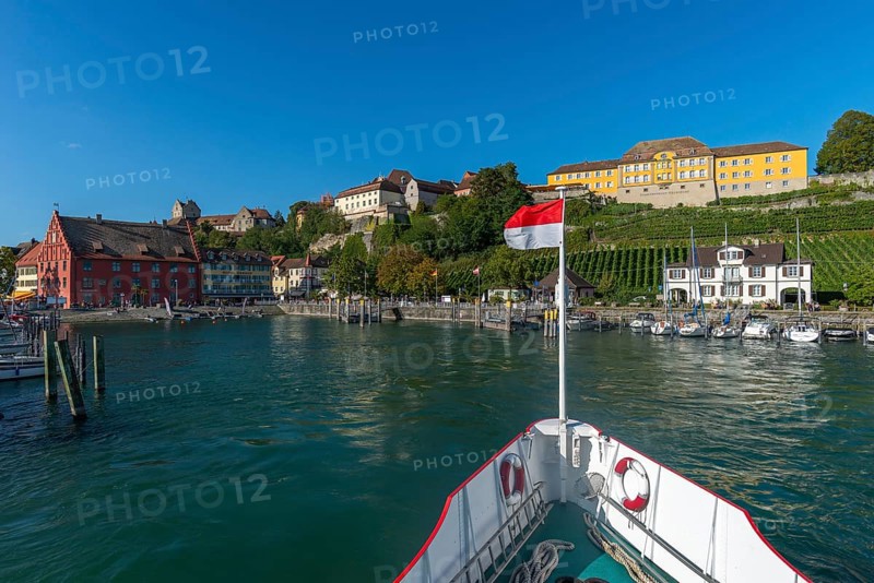 Meersburg on Lake Constance, harbour, state winery, vineyard, Grethaus, ship's bow, Baden-Württemberg, Germany, Europe