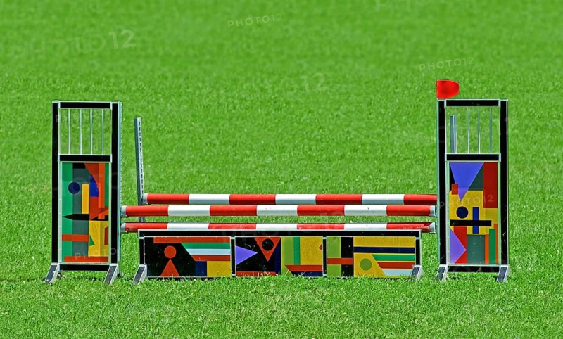 Obstacle, hurdle for horses stands on a green meadow