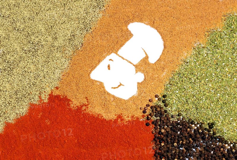 Cartoon of a chef with a chef's hat surrounded by various spices, such as red paprika, pepper and oregano