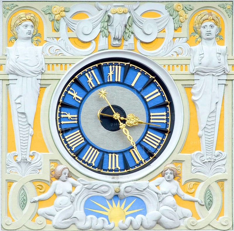 Clock on the tower of the Müllerschen Volksbad, Art Nouveau, Jugendstil, built in 1901, Munich, Bavaria, Germany, Europe