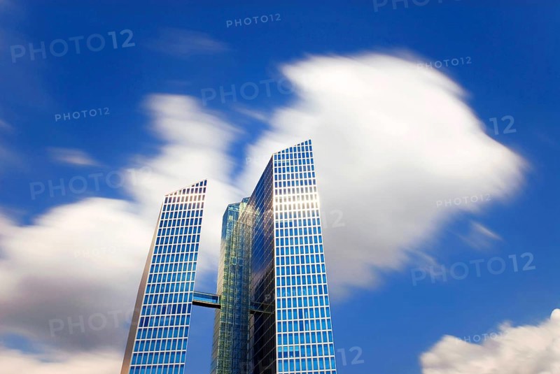 Clouds that look like a storm over the so-called Highlight Towers, the companies Fujitsu and IBM are among the current tenants, Munich, Bavaria, Germany, Europe