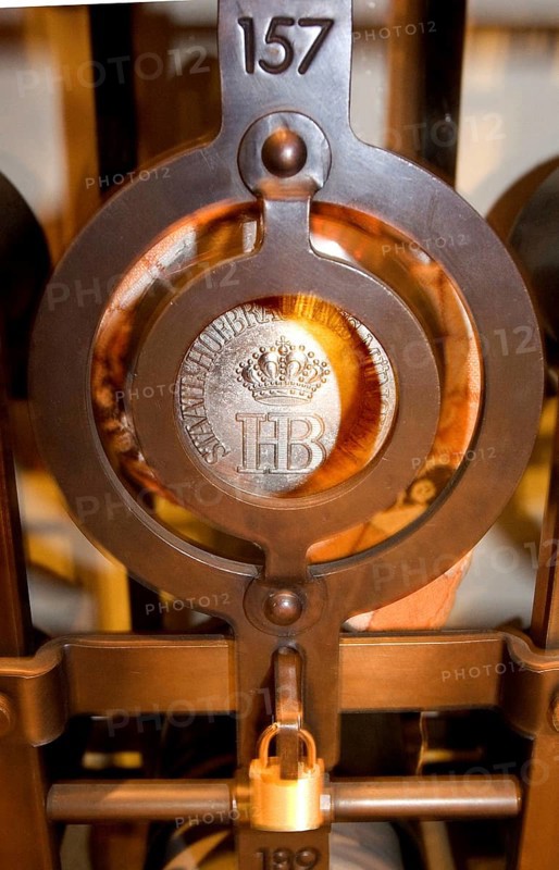 A caged private beer mug with the HB emblem of the Hofbräu brewery, in the Hofbräuhaus, Munich, Bavaria, Germany, Europe