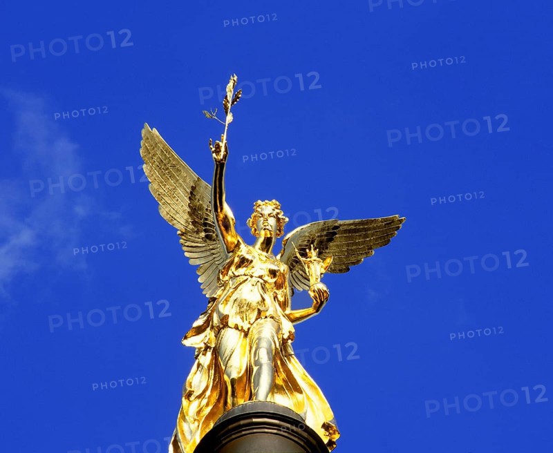 The golden Friedensengel, angel of peace, at Prinzregentenstraße, against a blue sky, Munich, Bavaria, Germany, Europe