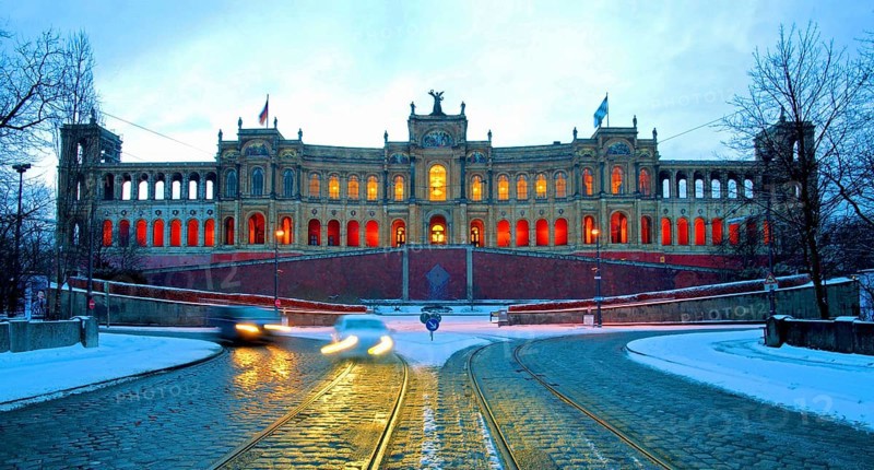 Panoramic view of the Maximilianeum, the Bavarian parliament, dusk, blue hour, Munich, Bavaria, Germany, Europe