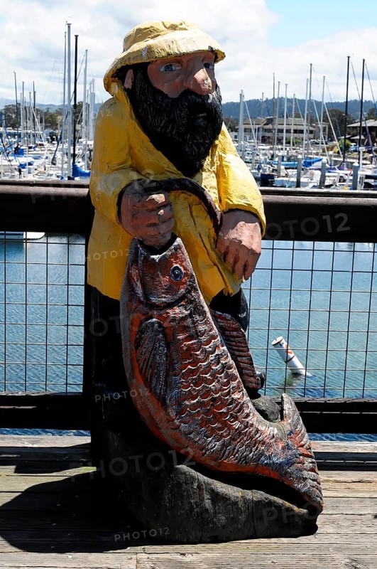 Fisherman, sculpture, wooden figure in the harbour, Monterey, California, USA, North America
