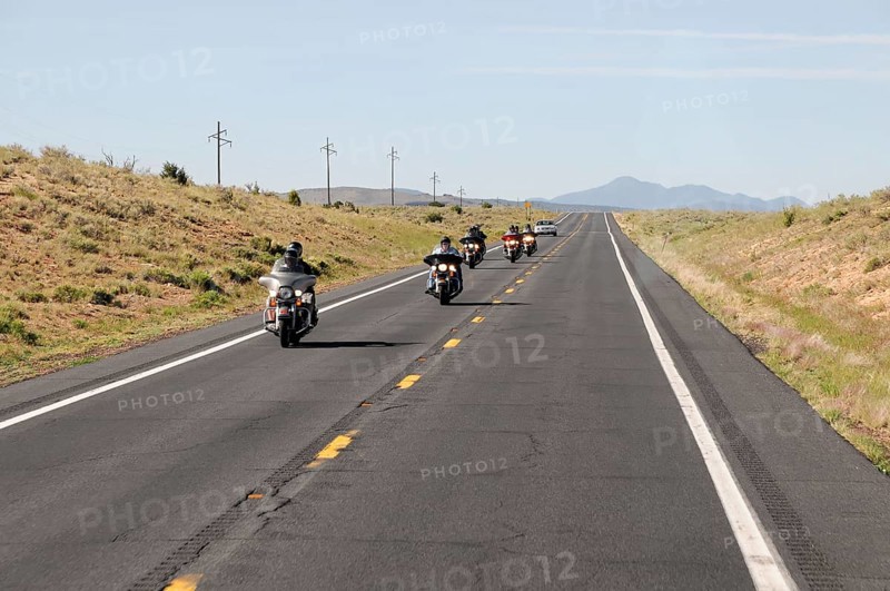 Tourists with motorbike, Route 66, near Seligman, Arizona, USA, North America