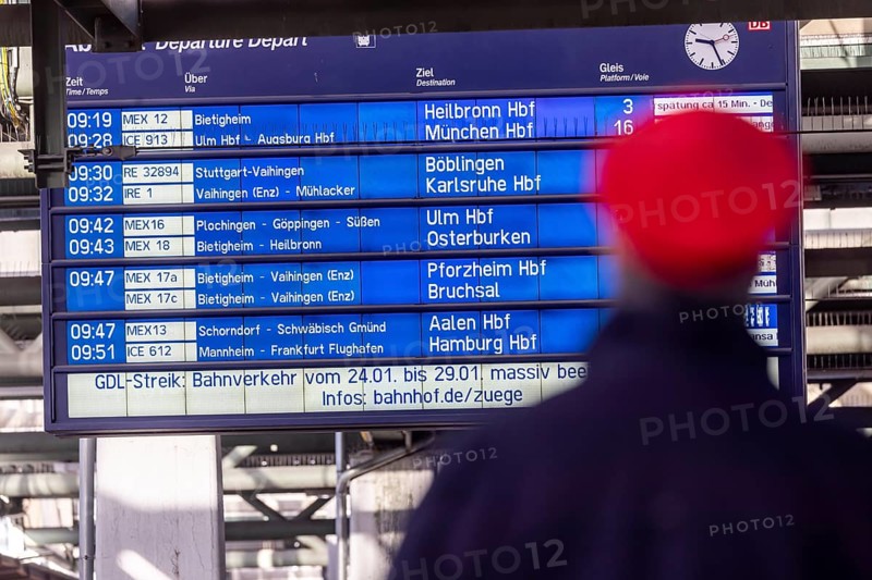 Strike by the train drivers' union GDL. Around 20 per cent of regular trains are running according to an emergency timetable from Deutsche Bahn AG. Information board at Stuttgart main station, Baden-Württemberg, Germany, Europe