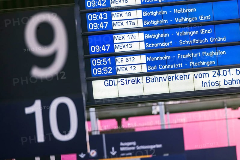 Strike by the train drivers' union GDL. Around 20 per cent of regular trains are running according to an emergency timetable from Deutsche Bahn AG. Information board at Stuttgart main station, Baden-Württemberg, Germany, Europe