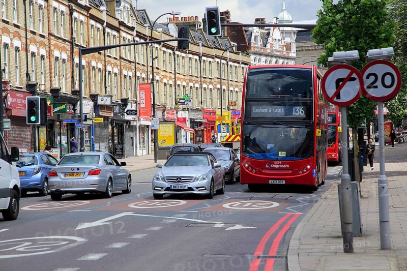 Red double-decker Stagecoach 136 bus in New Cross Road, Deptford, south London, England, UK destination Elephant and Castle