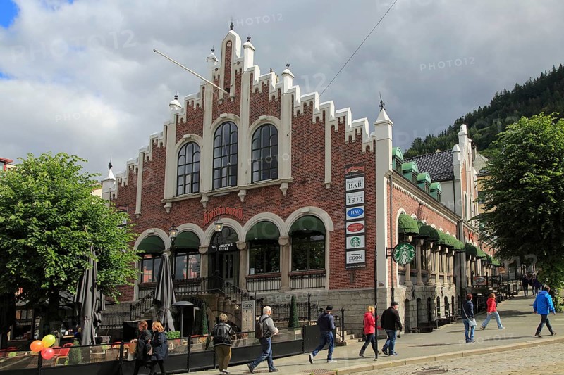 Historic former market building, Torget market square area of Vagen harbour, Bergen, Norway, Europe