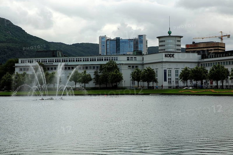 Lille Lungegardsvannet or Smalungeren, water feature fountain lake city centre of Bergen, Norway and Kode 4 art gallery