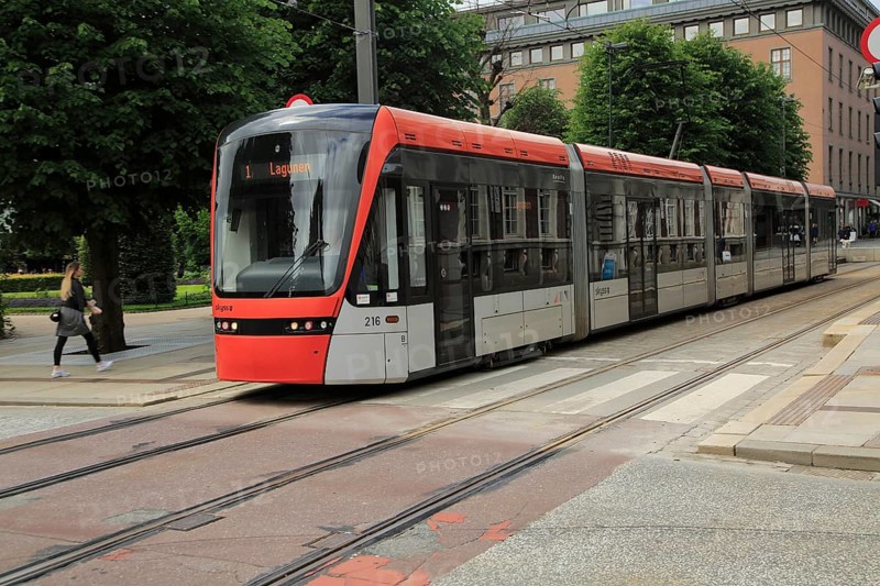 Light rail city transport system in city centre at Byparken stop, Bergen, Norway destination Laguna