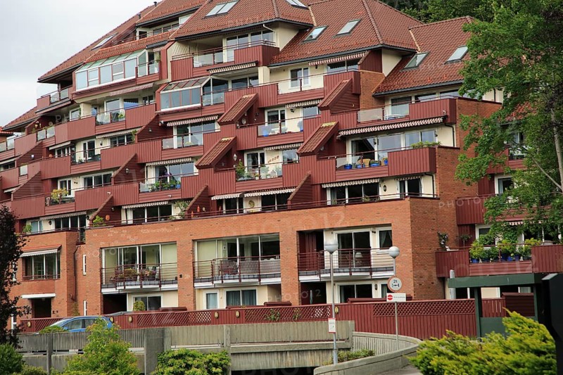 Tiered layers of apartment housing in Fantoft suburb, Bergen, Norway, Europe