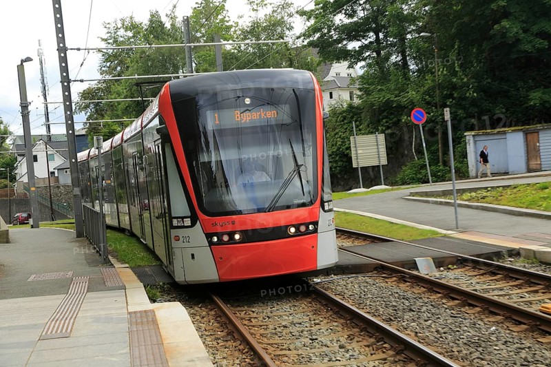 Light rail city transport system tram train, Bergen, Norway destination Byparken