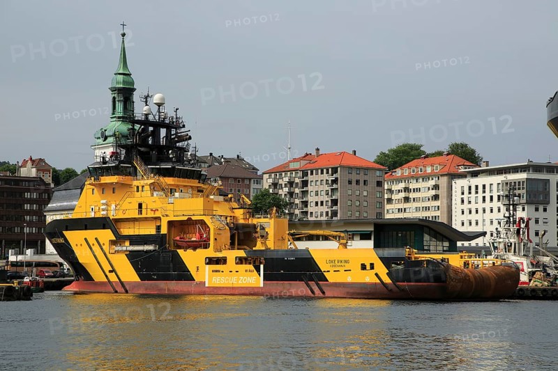 Loke Viking tug supply vessel ship in the harbour, city of Bergen, Norway, Europe
