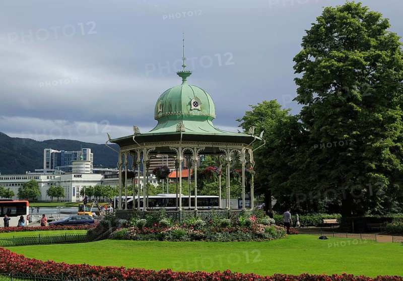 Bandstand park and buildings city centre Bergen, Norway, Europe