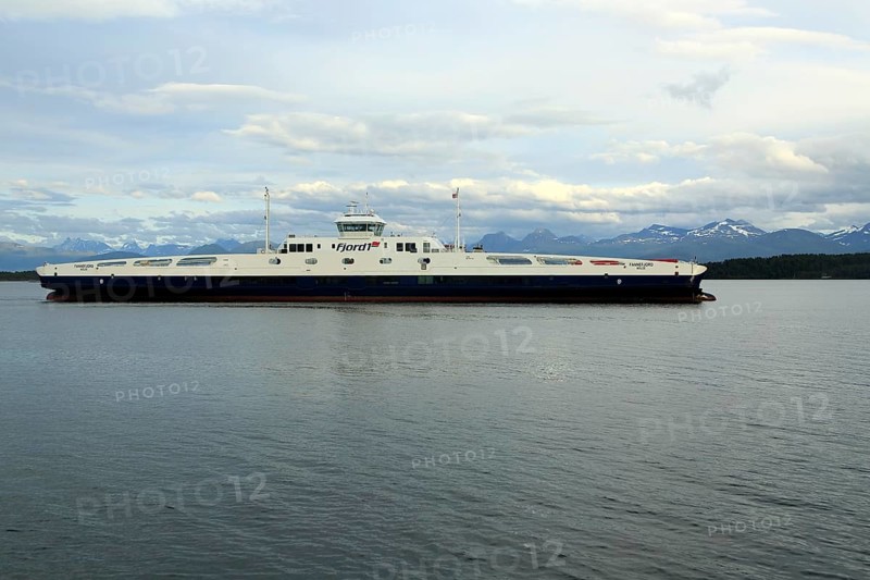 Liquid natural gas-powered RoRo ferry Romsdalsfjord ship operator Fjord1, crossing Moldefjord, Molde, Romsdal county, Norway, Europe