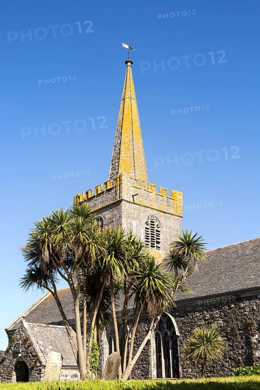 Spire of village parish church at St Keverne, Lizard Peninsula, Cornwall, England, UK