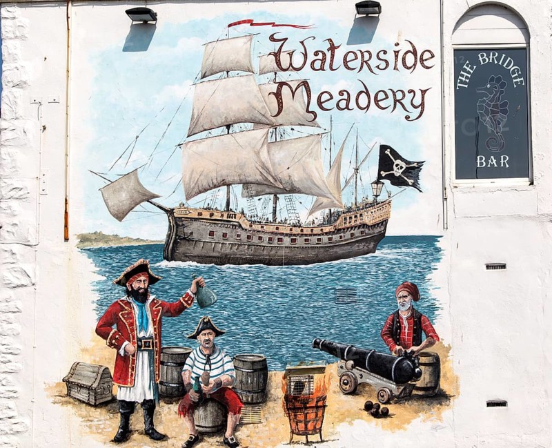 Mural of pirates on Waterside Meadery, The Bridge Bar, Penzance, Cornwall, England, UK