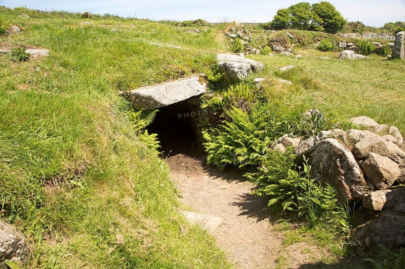 Entrance to underground fogue tunnel, Carn Euny prehistoric village, Cornwall, England, UK