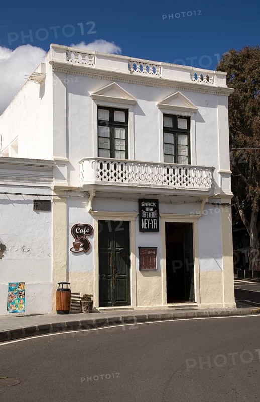 Historic whitewashed cafe building in Haria, Lanzarote, Canary Islands, Spain, Europe