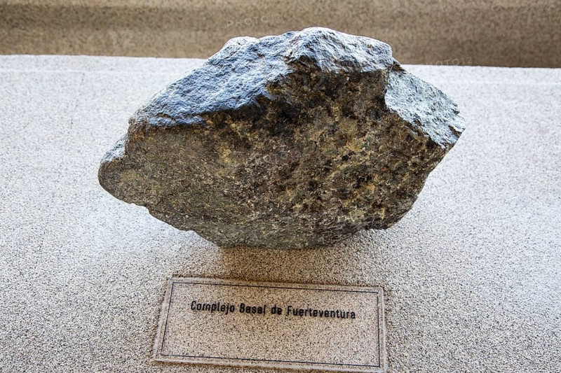 Complex basal rock sample from Fuerteventura, geology display Casa de los Volcanes volcanic study centre, Lanzarote, Canary island, Spain, Europe