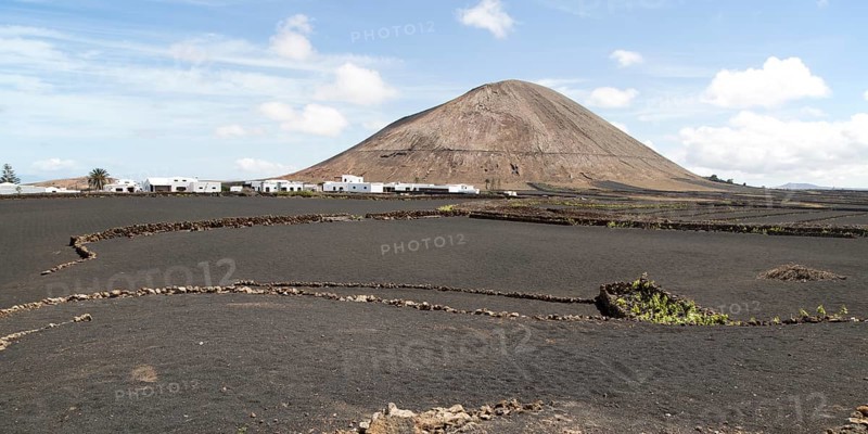 Volcano cone and black volcanic soil farmland, near Tinajo, Lanzarote, Canary Islands, Spain, Montana Tinache, Europe