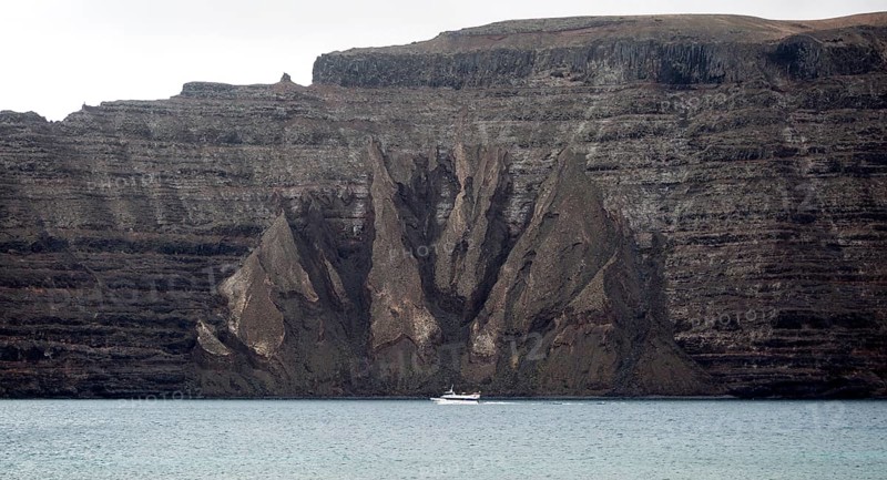 Steep gullied cliffs near Punta Fariones, Chinijo Archipelago, Orzola, Lanzarote, Canary Islands, Spain, Europe