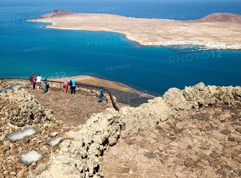 La Graciosa island and El Rio channel, Chinjo archipelago natural park, Lanzarote, Canary Islands, Spain view from El Mirador del Rio