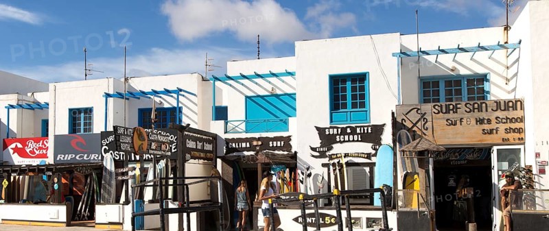 Surf shops in village of Caleta de Famara, Lanzarote, Canary islands, Spain, Europe