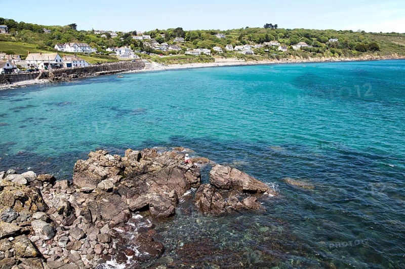 Coastal landscape bay and village houses, Coverack, Lizard Peninsula, Cornwall, England, UK