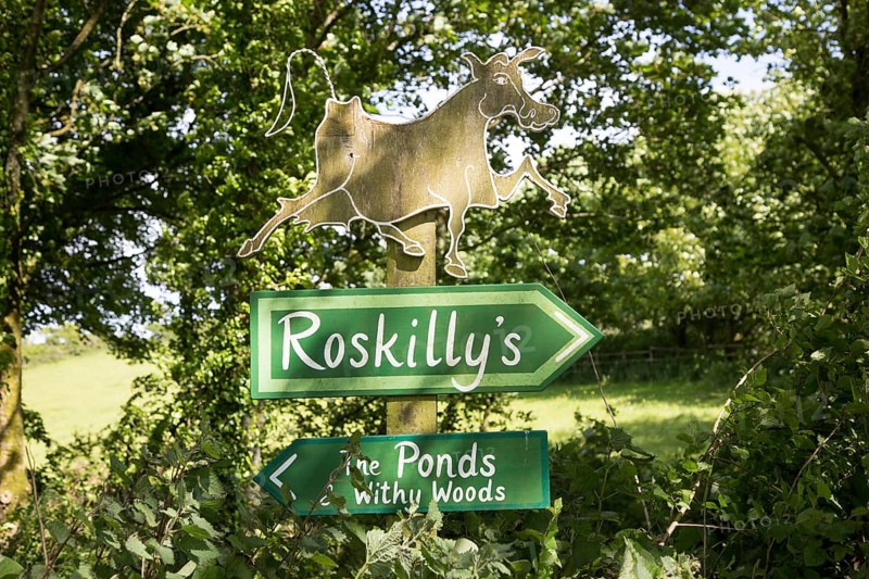 Signs at Roskilly's farm, near St Keverne, Lizard Peninsula, Cornwall, England, UK