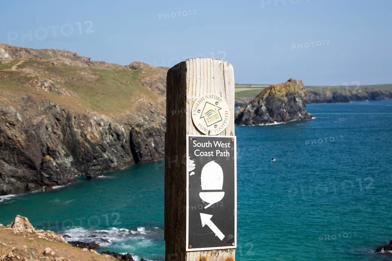 South West coast path waymark sign near, Kynance Cove, Lizard peninsula, Cornwall, England, UK