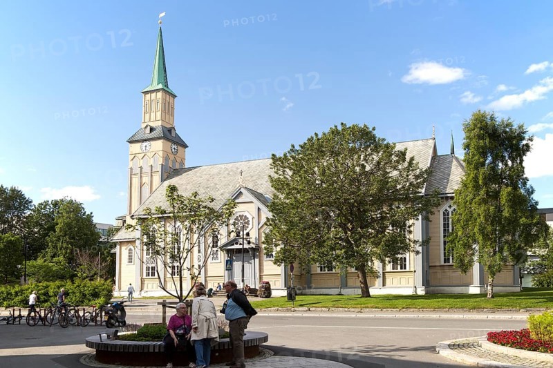 Historic wooden cathedral church in city centre, Tromso, Norway built in Gothic Revival architectural style