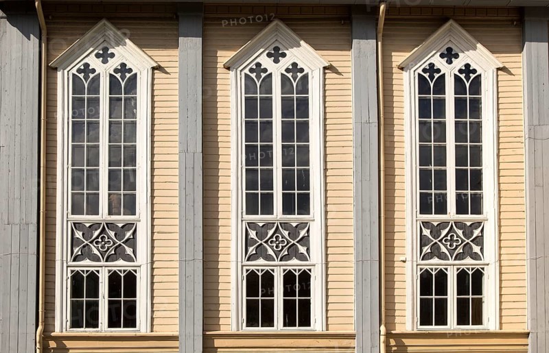 Detail of wood windows, historic wooden cathedral church in city centre, Tromso, Norway, Europe