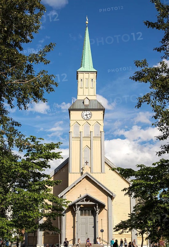 Historic wooden cathedral church in city centre, Tromso, Norway built in Gothic Revival architectural style
