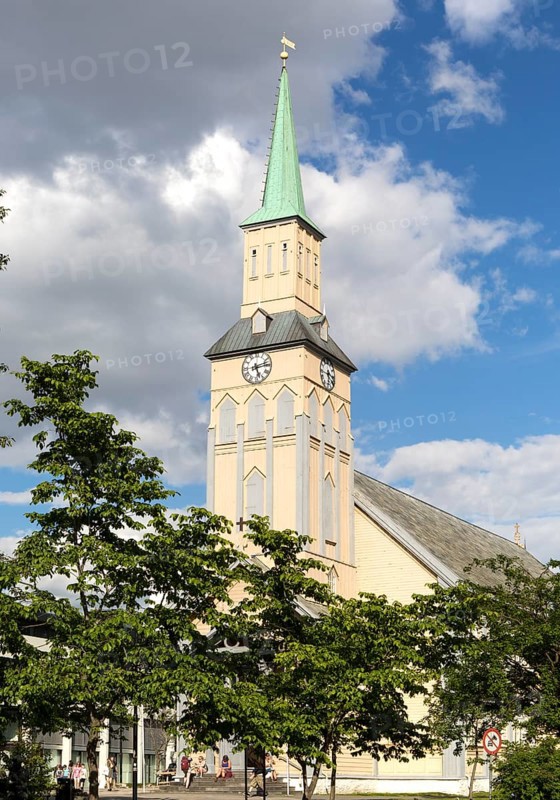 Historic wooden cathedral church in city centre, Tromso, Norway built in Gothic Revival architectural style
