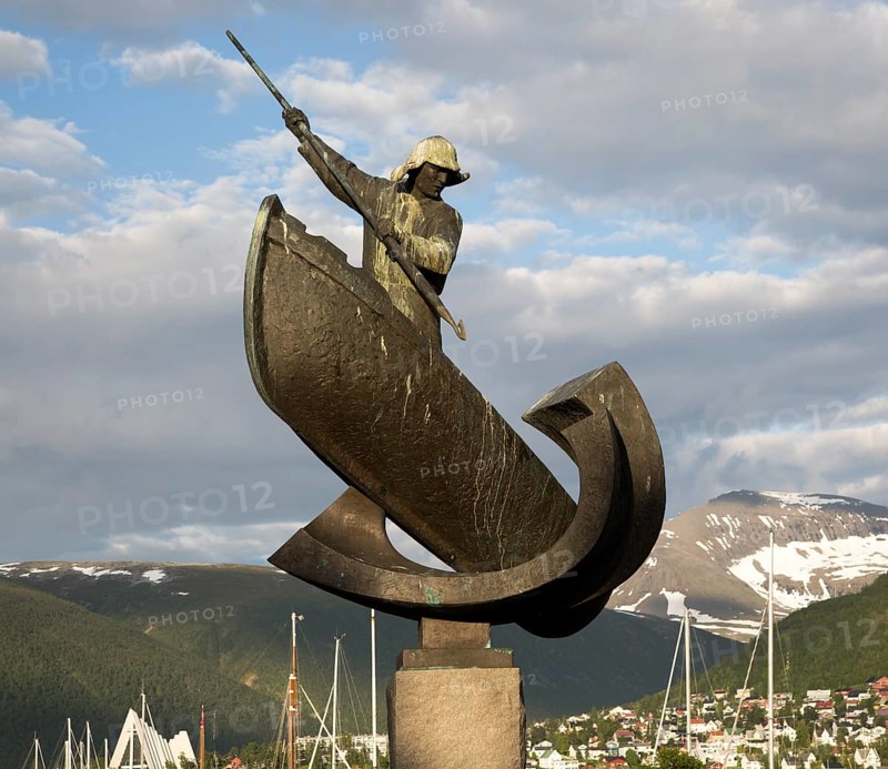 Whaling harpooning sculpture in harbour at Tromso, Norway, Europe