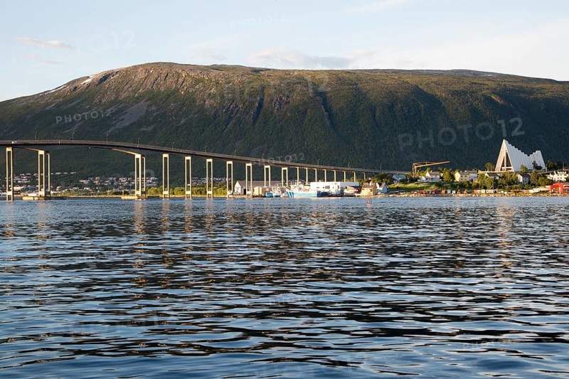 Tromso Bridge, cantilever road bridge and Arctic cathedral, city of Tromso, Norway, Europe
