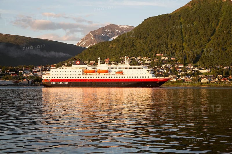 Hurtigruten ferry ship Nordlys approaching Tromso, Norway, Europe