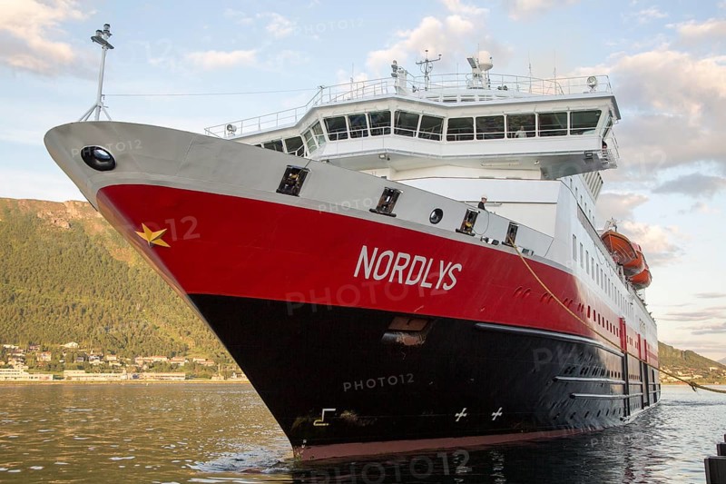 Hurtigruten ferry ship Nordlys approaching Tromso, Norway, Europe