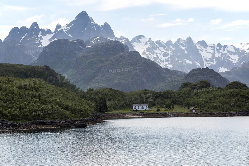 Jagged mountain peaks Raftsundet strait, Lofoten Islands, Nordland, northern Norway
