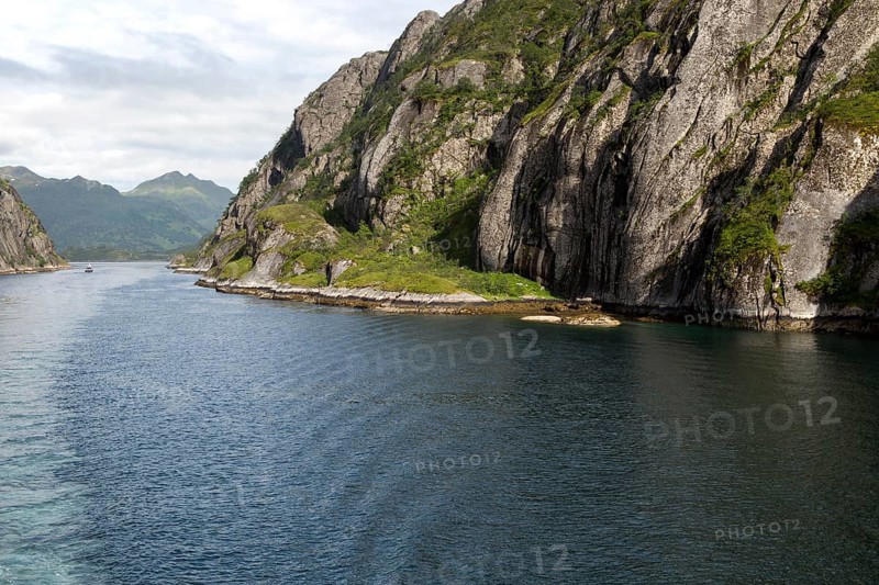 Steep sided glacial trough fiord of Trollfjorden, Lofoten Islands, Nordland, northern, Norway, Europe
