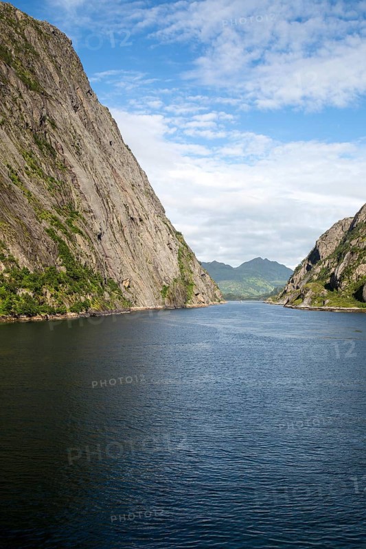 Steep sided glacial trough fiord, Trollfjorden, Lofoten Islands, Nordland, northern, Norway, Europe