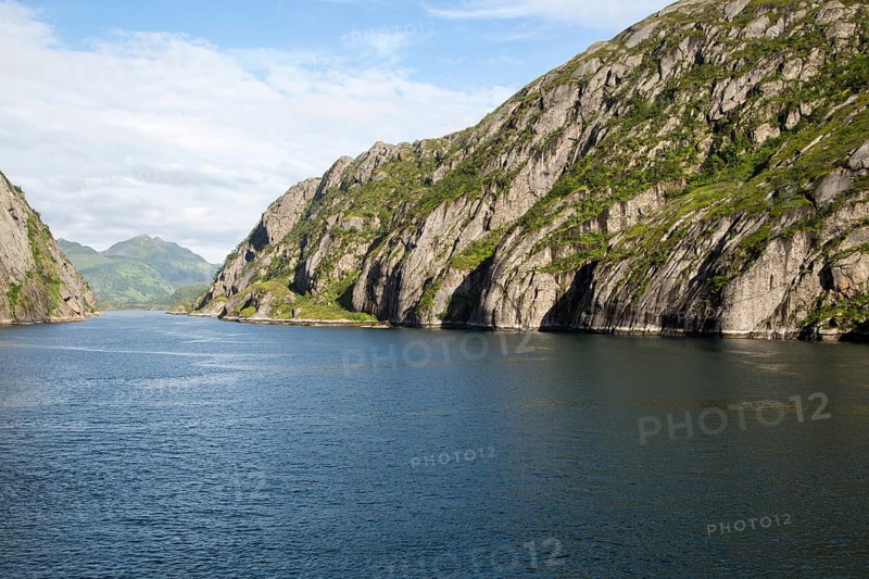 Steep sided glacial trough fiord of Trollfjorden, Lofoten Islands, Nordland, northern, Norway, Europe