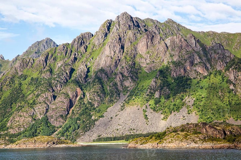 Steep sided glacial fiord valley side, Raftsundet strait, Nordland, northern Norway